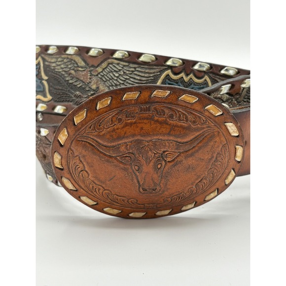 Comanchero 18076 Tooled Leather Belt Eagle Floral Studded Longhorn Buckle Sz 44 - Picture 2 of 8
